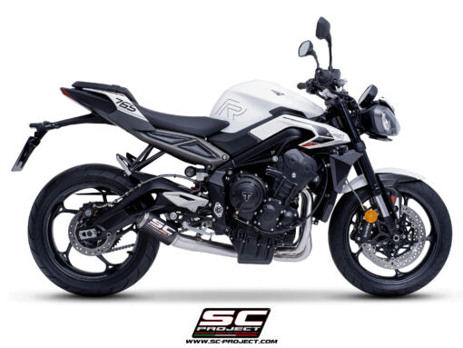SC Project CR-T Carbon Fibre 3-1 Stainless Steel full exhaust system with stoneguard grid for Street Triple 765 R-RS-R A2 (2024-2025)