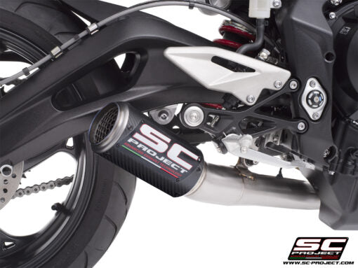 SC Project CR-T Carbon Fibre 3-1 Stainless Steel full exhaust system with stoneguard grid for Street Triple 765 R-RS-R A2 (2024-2025)