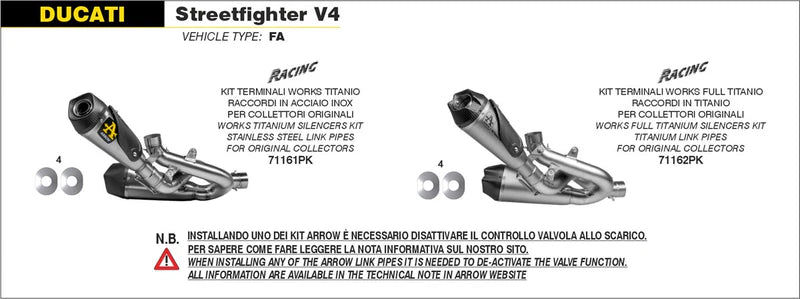 ARROW EXHAUST | DUCATI STREETFIGHTER V4 / PANIGALE V4 2020-24 | Titanium Works silencers (right and left) with titanium link pipies | 71162PK