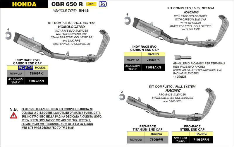 71069PK | ARROW EXHAUST | HONDA CBR650R E5+ 2024-26 | RACING FULL SYSTEM WITH TITANIUM INDY-RACE EVO SILENCER + STAINLESS STEEL COLLECTORS