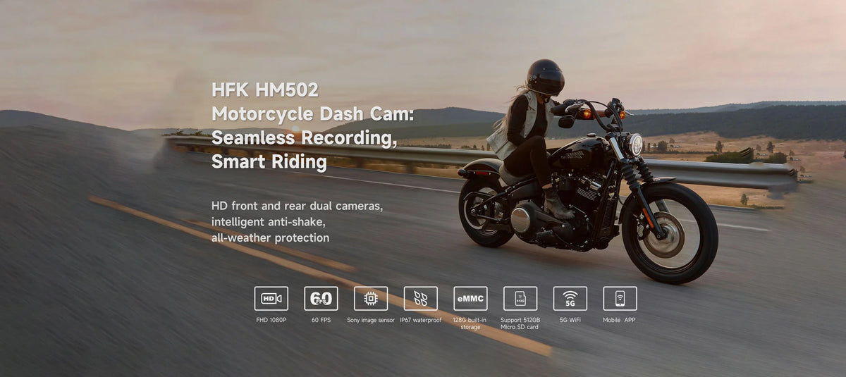 HFK | HFK   HM502   Motorcycle   Dash   Cam   –   1080P Ultra   HD   Dual   Lens   with   5G   WiFi