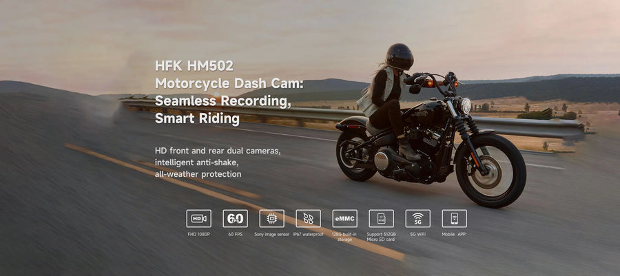 HFK | HFK   HM502   Motorcycle   Dash   Cam   –   1080P Ultra   HD   Dual   Lens   with   5G   WiFi