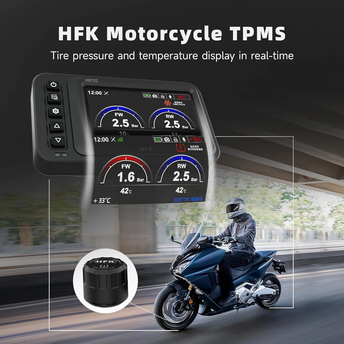 HFK | HFK   T100Mini   Tire Pressure   Monitoring System   –   Wireless TPMS   for Motorcycles