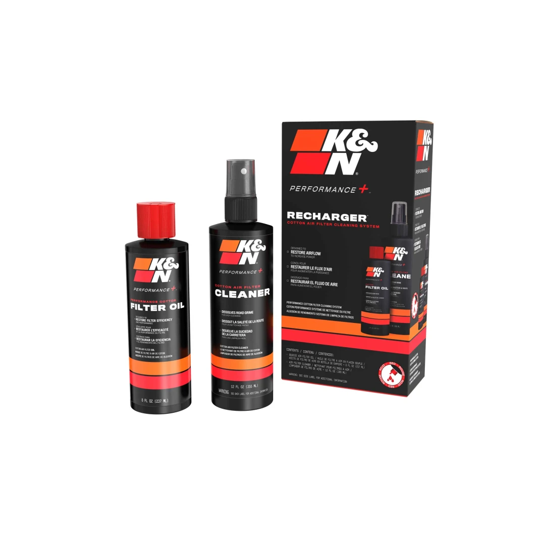 K&N Performance car care products including oil, cleaner, and recharger on a white background
