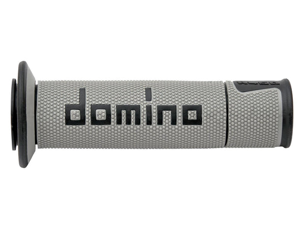 Gray motorcycle grip with 'domino' branding on a white background