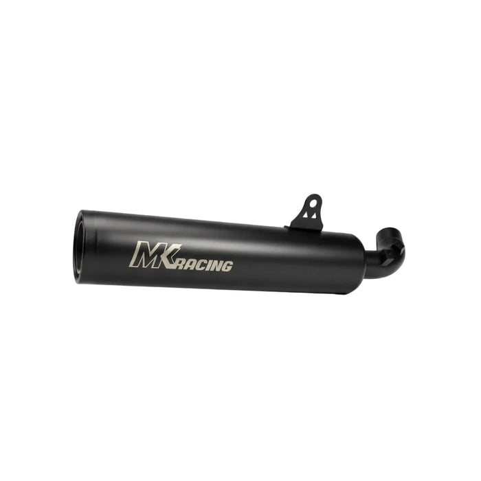 A black cylindrical motorcycle exhaust muffler with gold 'MK RACING' branding, resting on a white textured surface.