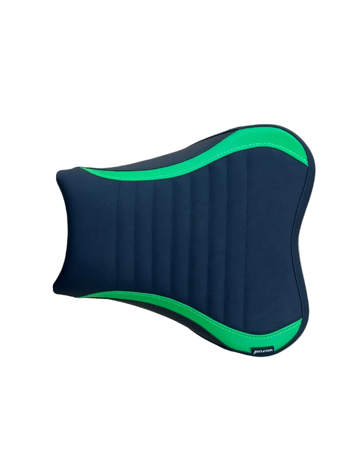 A motorcycle or scooter seat cushion with a black body and bright green trim, shown from a top-down view on a light wood grain surface.