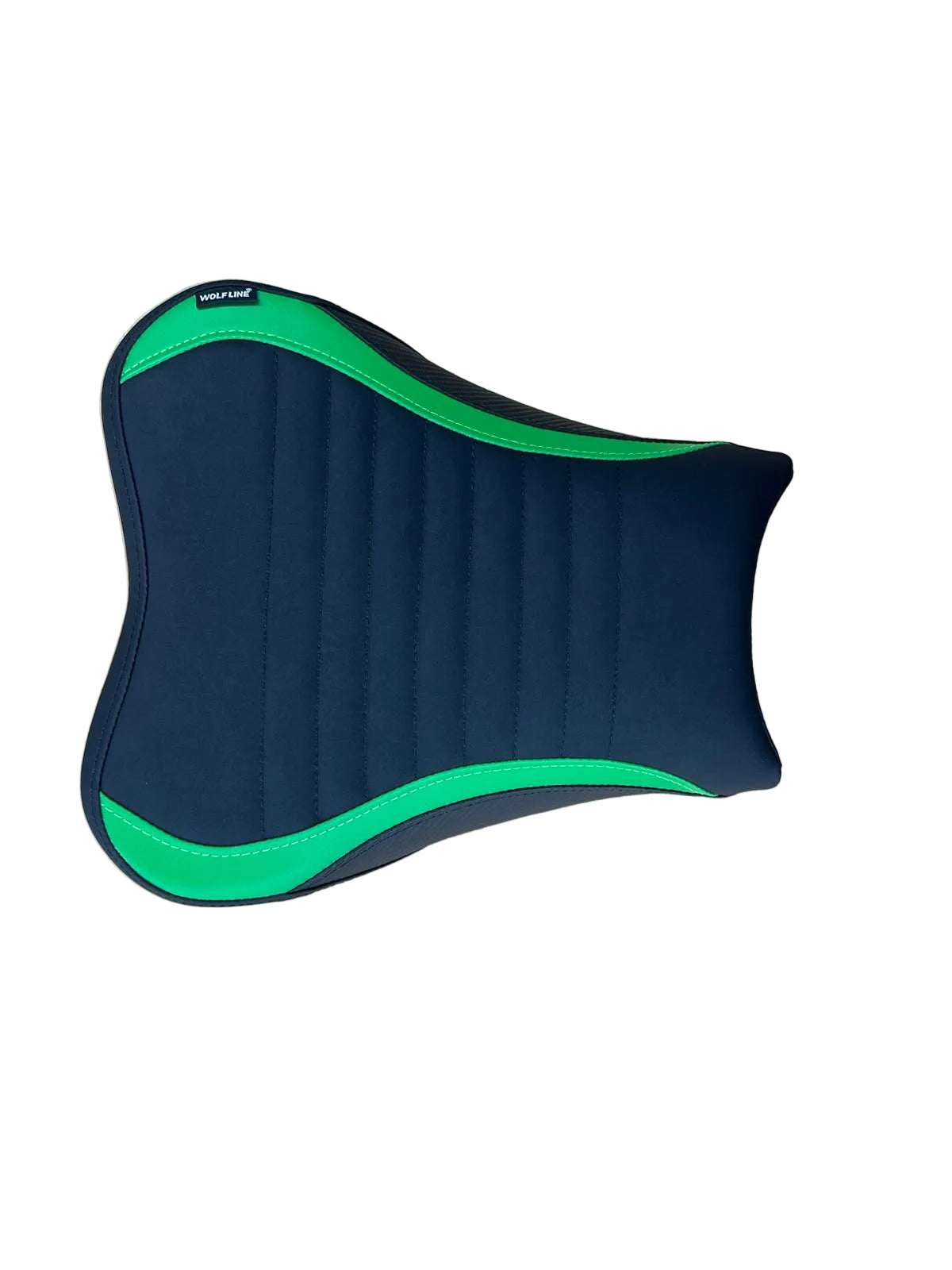 A motorcycle or scooter seat cushion cover with a black ribbed center and bright green curved accents, shown on a light wood-grained tabletop.