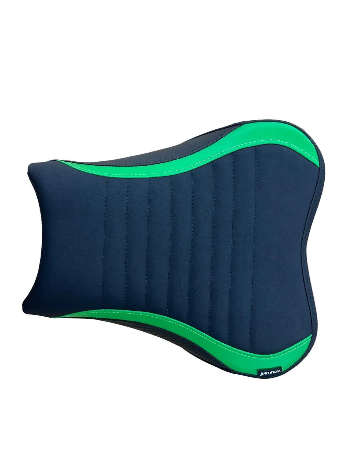A motorcycle or scooter seat cover cushion with a dark navy blue body and bright green piping accents, laid flat on a light wood grain surface.