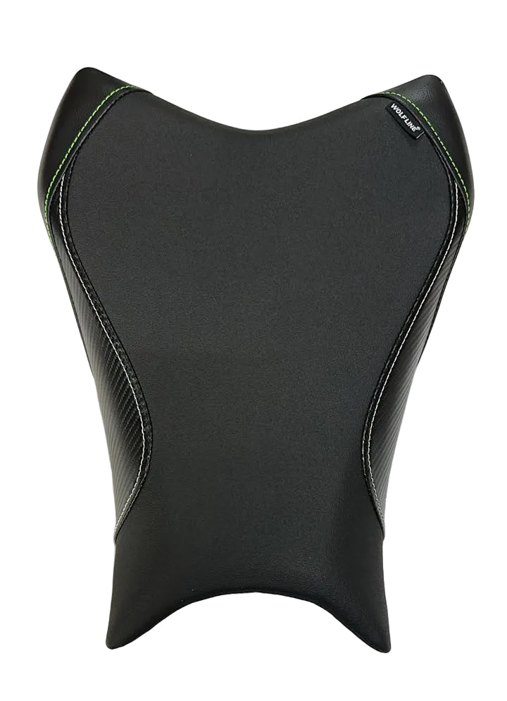 A black motorcycle or scooter seat cover with green contrast stitching, shown from a top-down view on a white fabric surface.