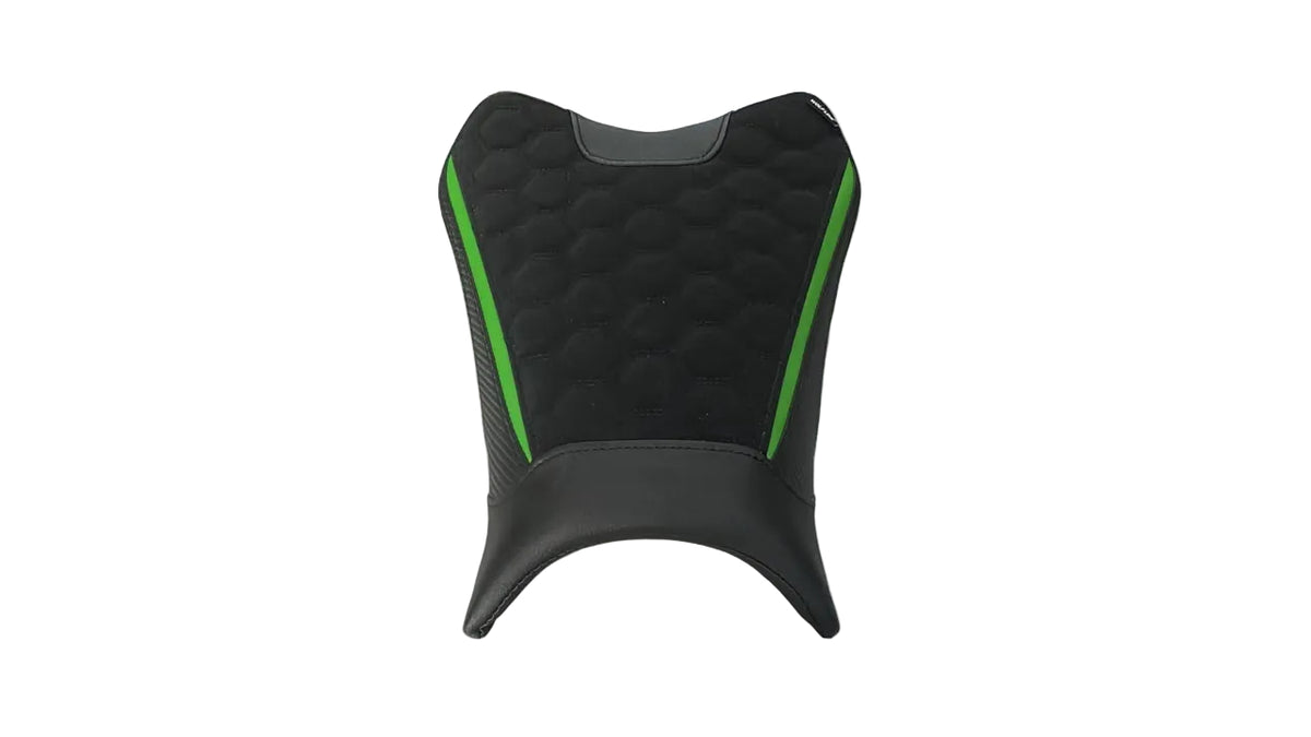 A black motorcycle or scooter seat cover with a honeycomb quilted pattern and bright green accent stripes, shown against a plain white background.