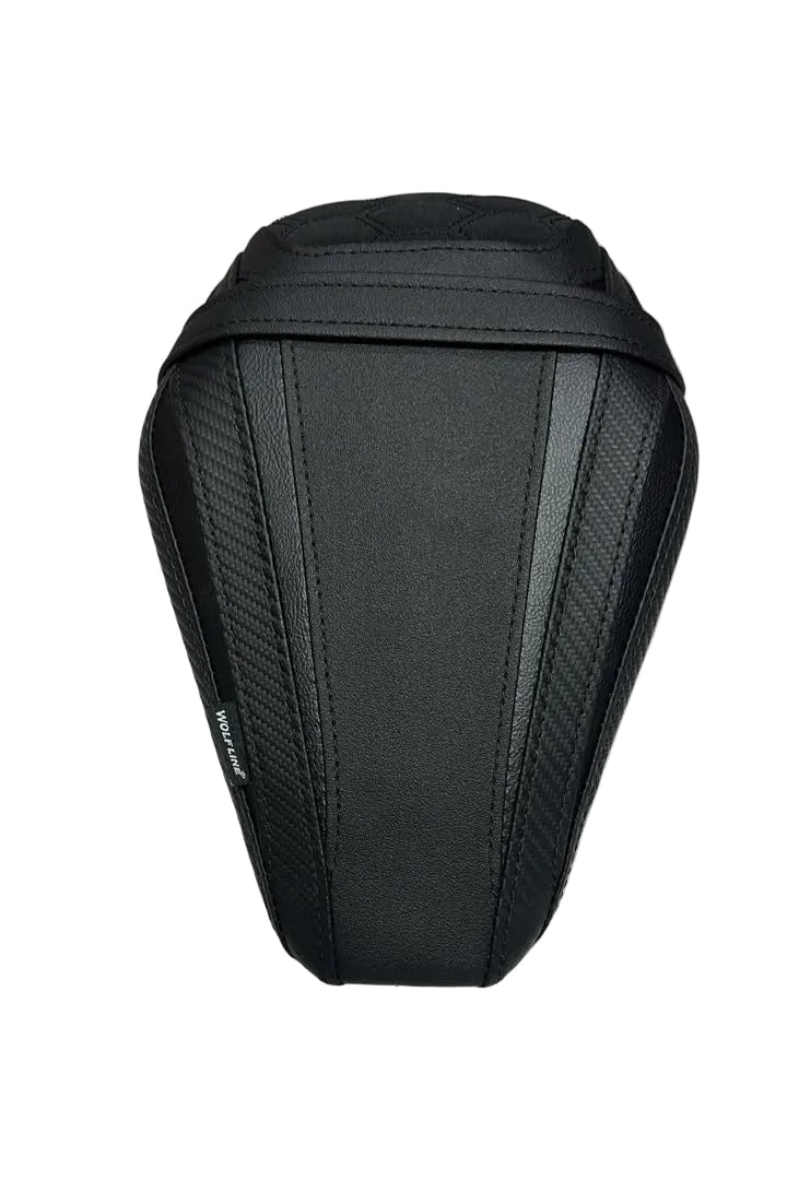 A black motorcycle or scooter seat cover with a textured carbon-fiber pattern and stitched details, shown on a white sheet.