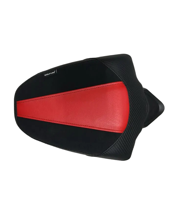 A motorcycle or scooter seat cover with a black and red design, laid flat on a white sheet.