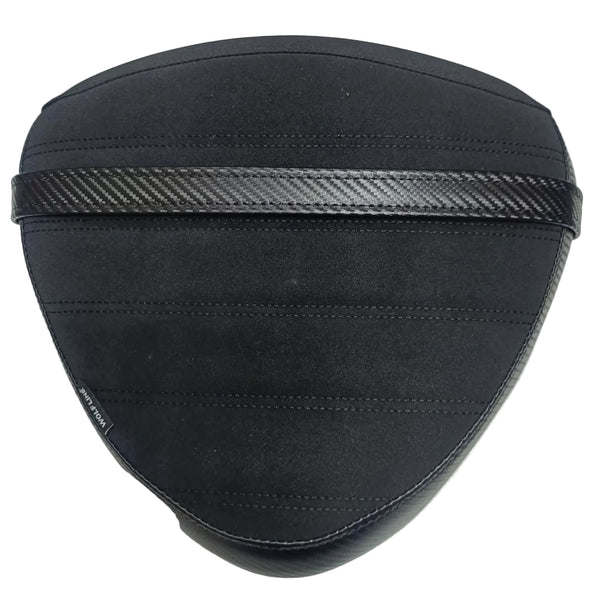 A black motorcycle or scooter seat backrest cushion with a textured carbon-fiber-look horizontal stripe across the center, photographed from above on a light gray background.