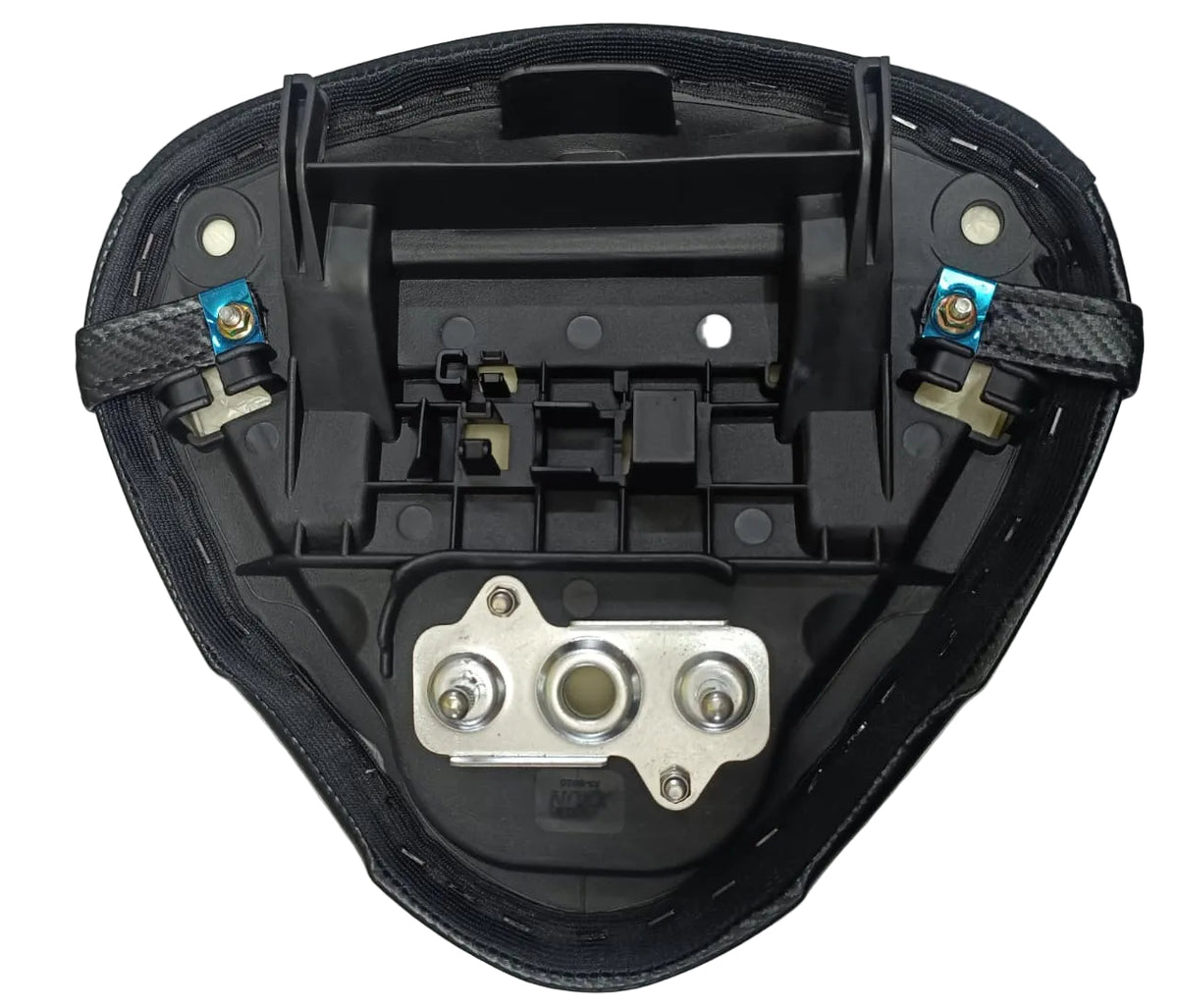 Black motorcycle or scooter seat underside showing the mounting hardware, plastic shell, and textured fabric trim on a light gray background.