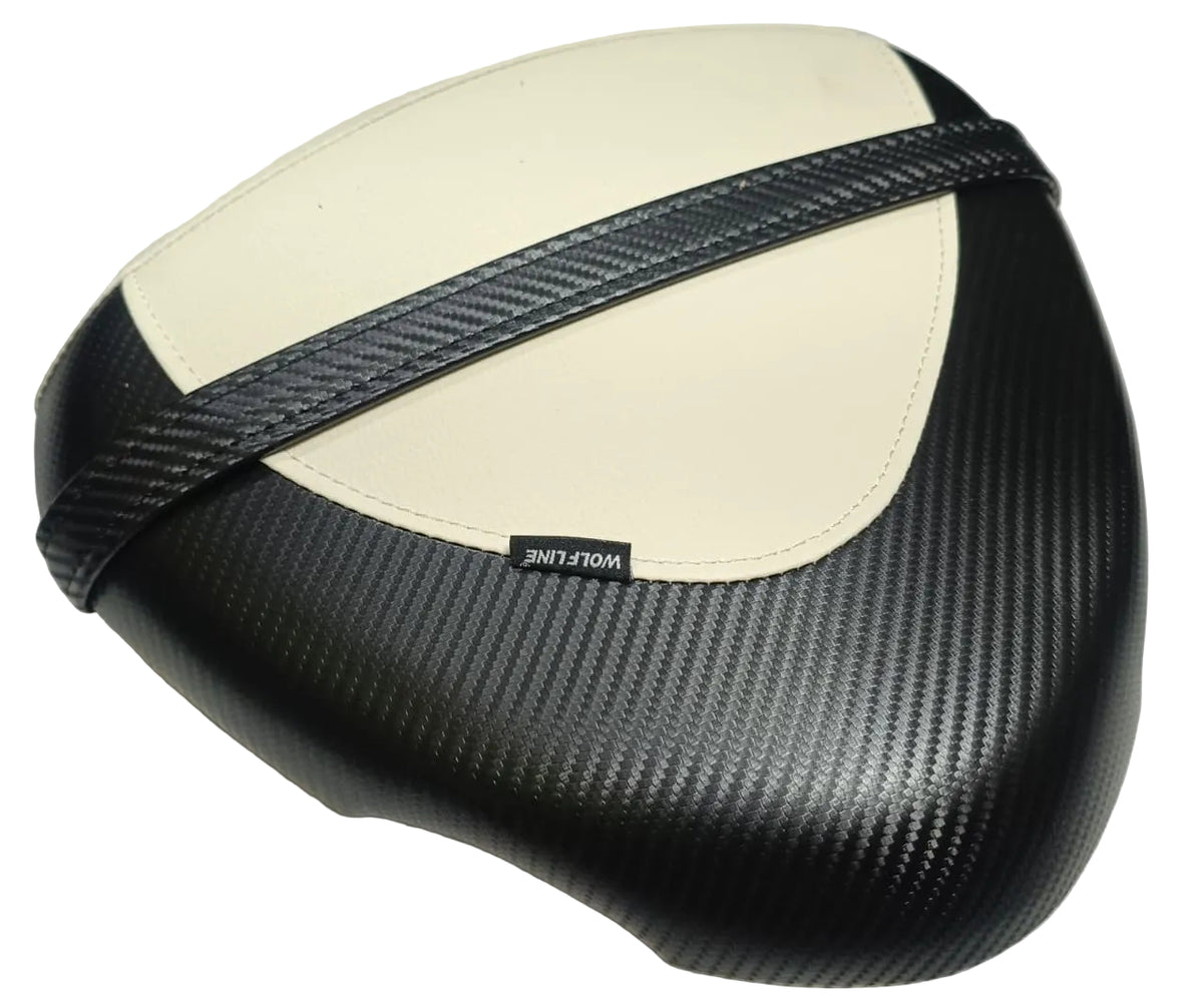 A motorcycle or scooter seat cover with a black carbon fiber weave pattern, featuring a cream-colored center panel and a black diagonal carbon fiber accent strap. A small black label with white text reads 'WOLF LINE'.