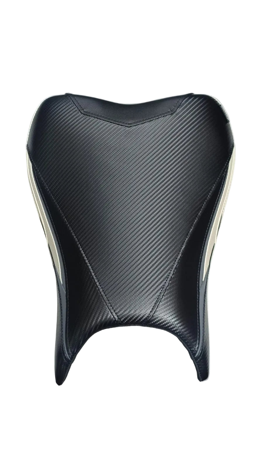 A motorcycle or scooter seat cover with a black carbon-fiber textured pattern and white side trim, shown resting on a white surface.