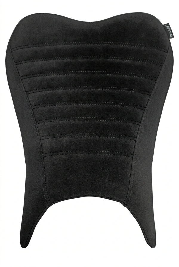 A black motorcycle or scooter seat pad with horizontal stitched channels, laid flat on a light-colored fabric surface.