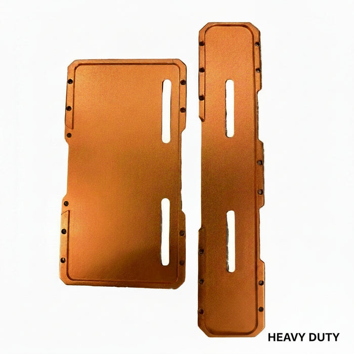 Two metallic copper-colored aluminum plate components with pre-drilled screw holes and cutouts, displayed on a solid white background.