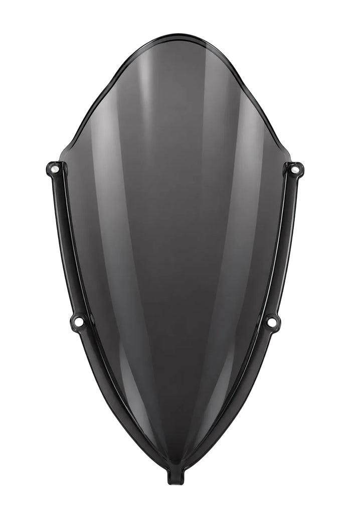 A dark brown tinted motorcycle windshield with pre-installed mounting hardware, shown on a light wood grain background.