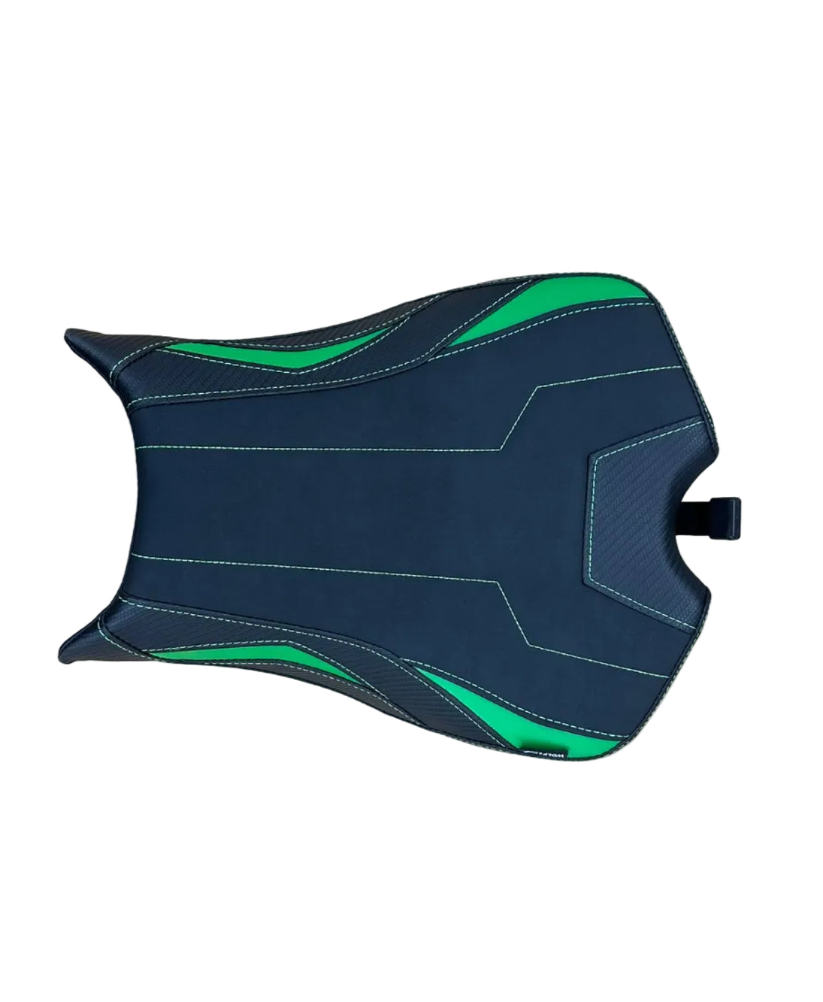 A motorcycle or scooter seat cover with a black base and bright green accents, laid flat on a light wood-grained tabletop.