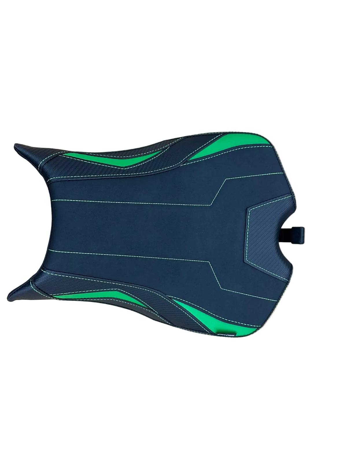A motorcycle or scooter seat cover with a black and dark gray design, accented by bright green graphics and white contrast stitching, shown on a light wood tabletop.