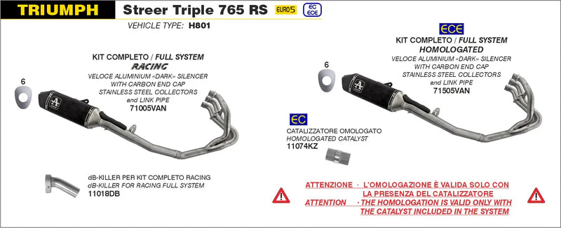 71005VAN | ARROW | TRIUMPH STREET TRIPLE 765 RS 2023-2024 | Full system racing with Veloce aluminium "Dark" silencers