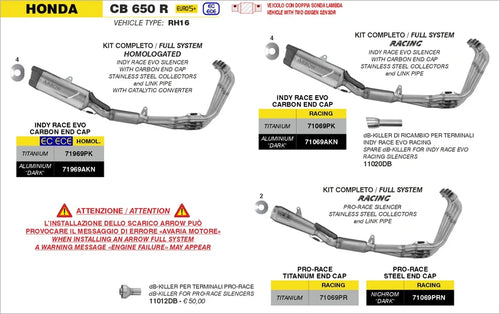 71969PK | ARROW EXHAUST | Honda CB 650 R 2024-25 | Homologated full system with Indy Race EVO titanium silencer