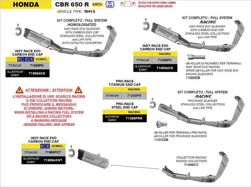 71069CC | ARROW EXHAUST | HONDA CBR650R E5+ 2024-26 | Racing collectors
