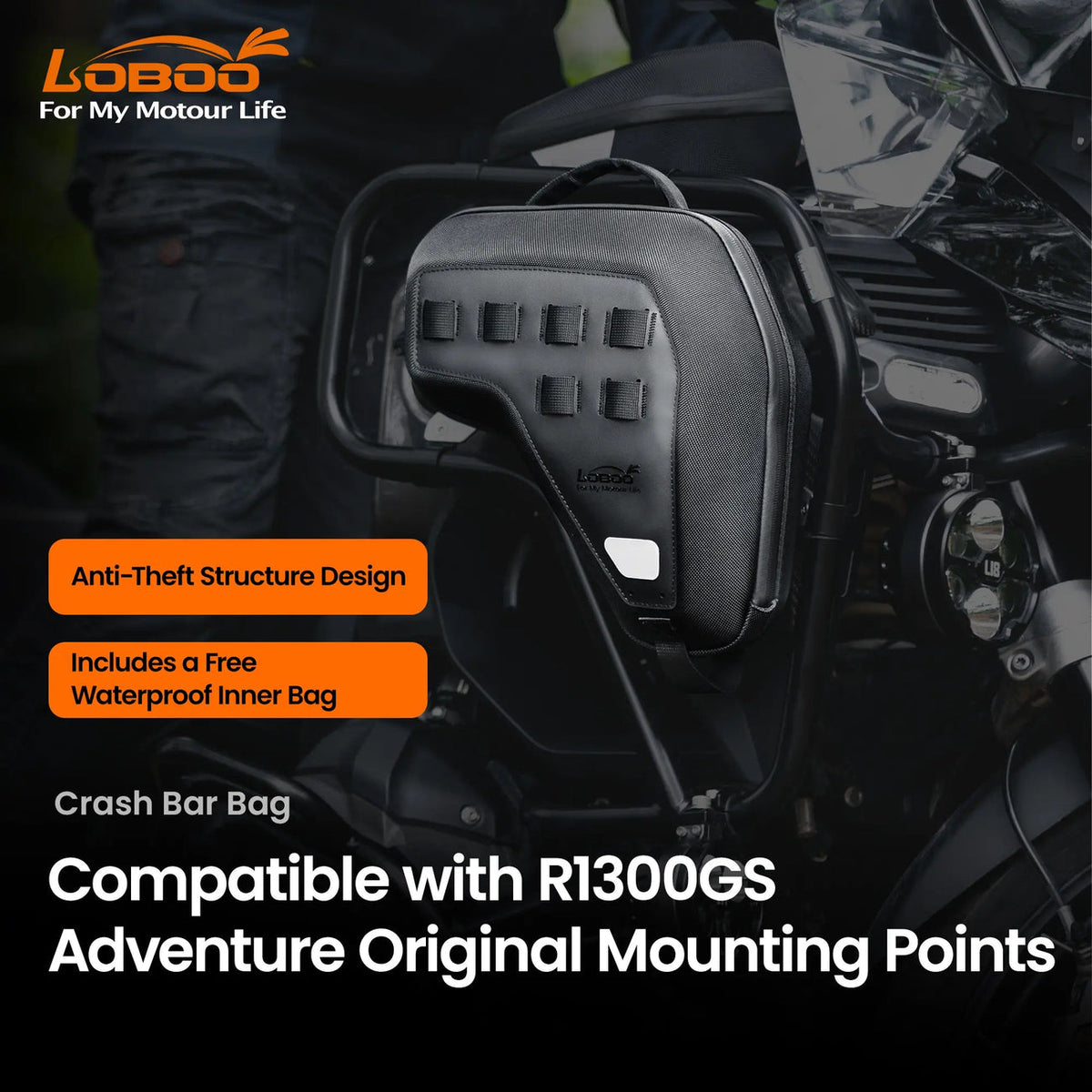 BHGB13BK | LOBOO | LOBOO Crash Bar Bags (5L Pair) for BMW R1300GS Adventure (2024+) - Anti-Theft EVA Hard Shell Storage