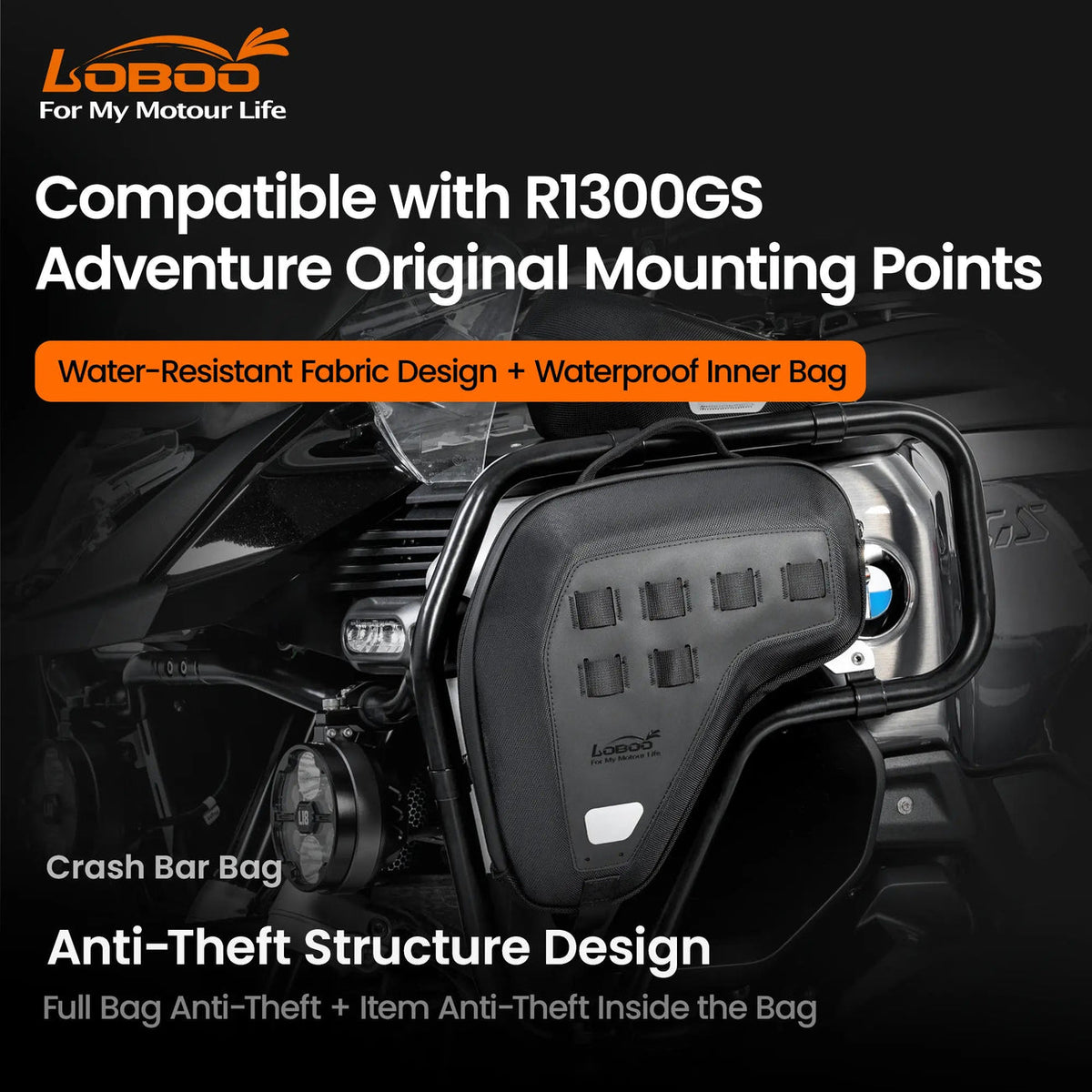 BHGB13BK | LOBOO | LOBOO Crash Bar Bags (5L Pair) for BMW R1300GS Adventure (2024+) - Anti-Theft EVA Hard Shell Storage