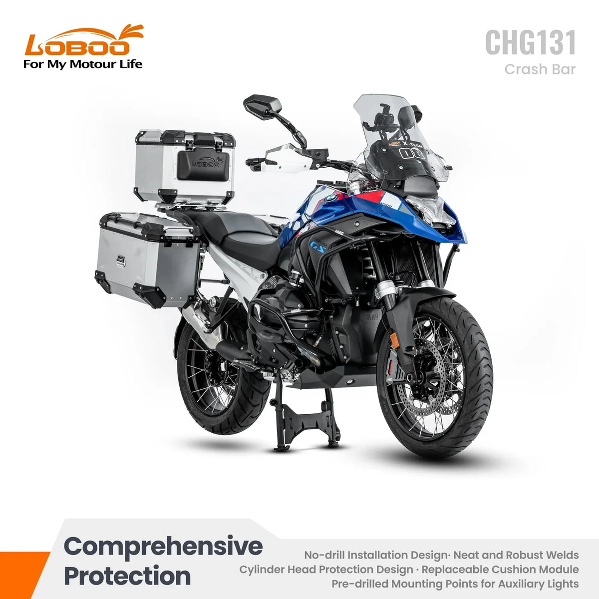 LOBOO | LOBOO Crash Bar for BMW R1300GS 2023+ – No-Drill, Cylinder Head Protection with Replaceable Cushion