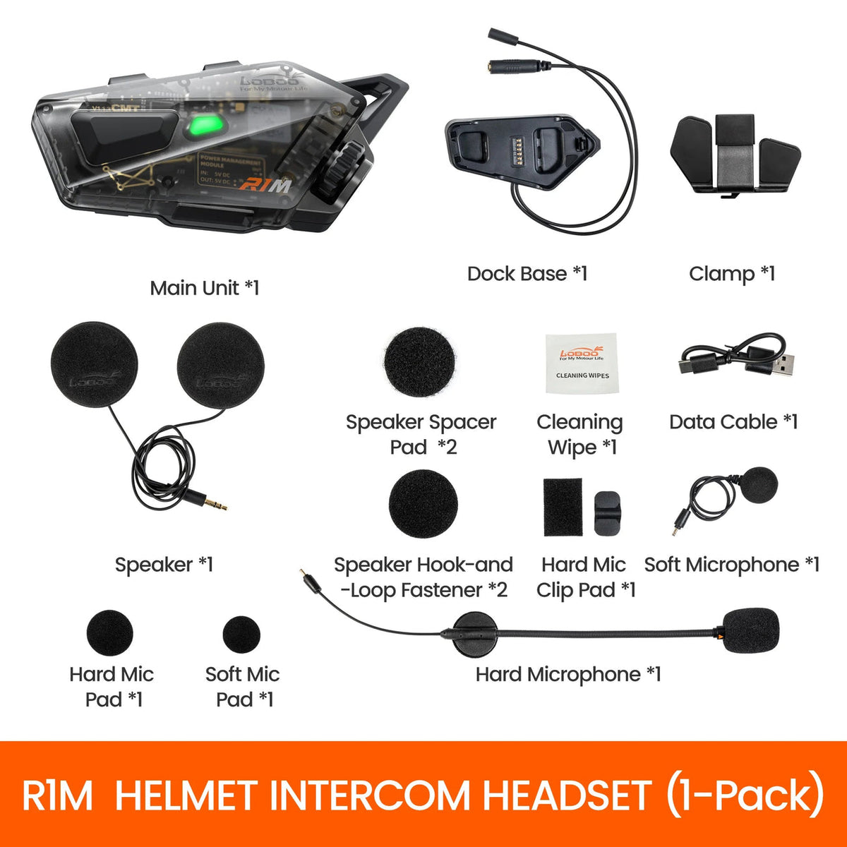 LOBOO | LOBOO R1M Motorcycle Intercom Helmet Headset – 24-Rider Bluetooth Mesh, 60H, IP67