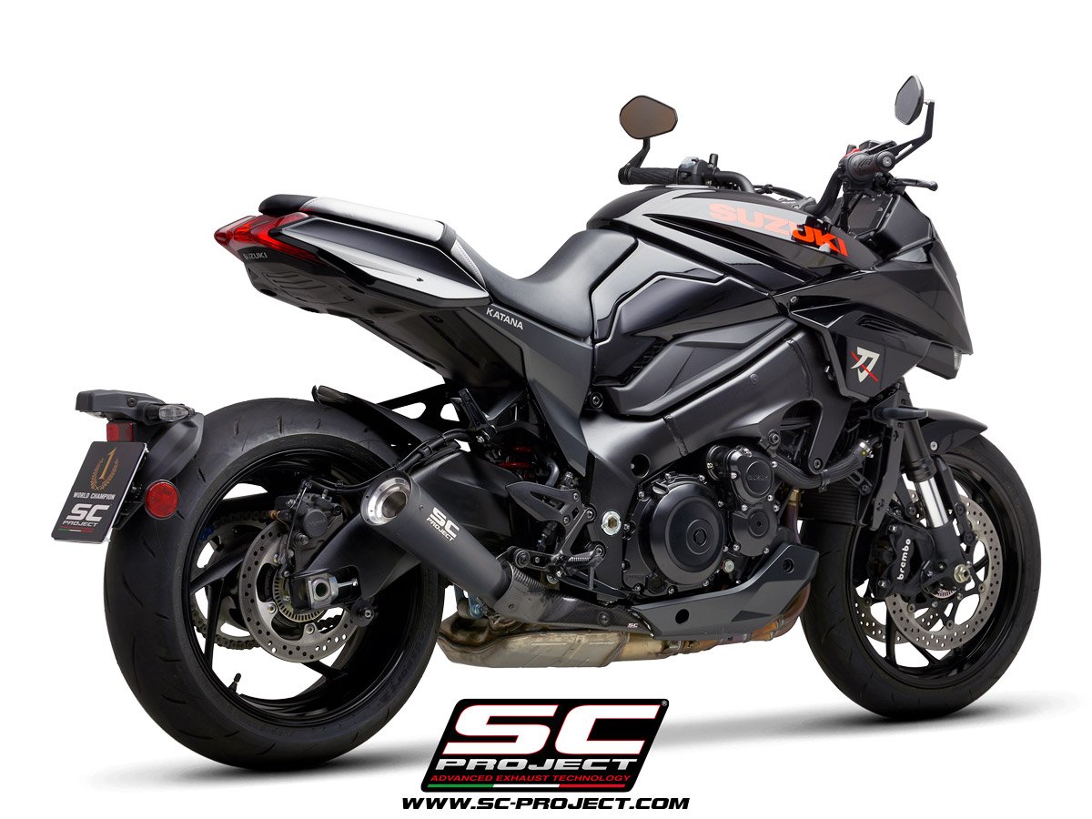 SC Project Performance Exhaust for Suzuki Katana Metal Black Muffler, Stainless Steel, with black & silver painted CNC aluminum end cap - Image 3