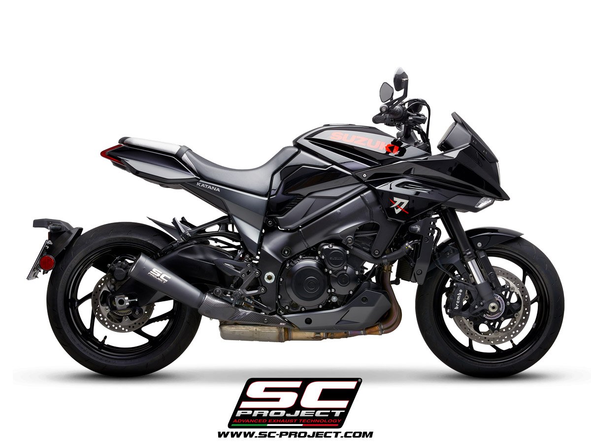 SC Project Performance Exhaust for Suzuki Katana Metal Black Muffler, Stainless Steel, with black & silver painted CNC aluminum end cap - Image 2