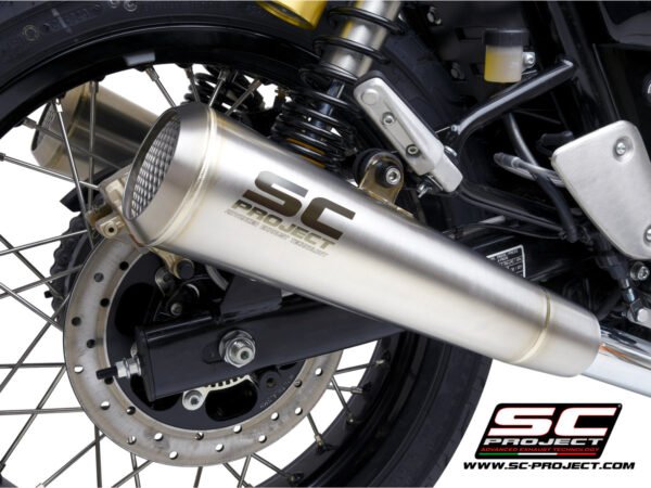 SC Project Performance Exhaust for Royal Enfield Interceptor/ Continental GT 650 Pair of Conico 70s Mufflers, brushed stainless steel, with mesh on output
