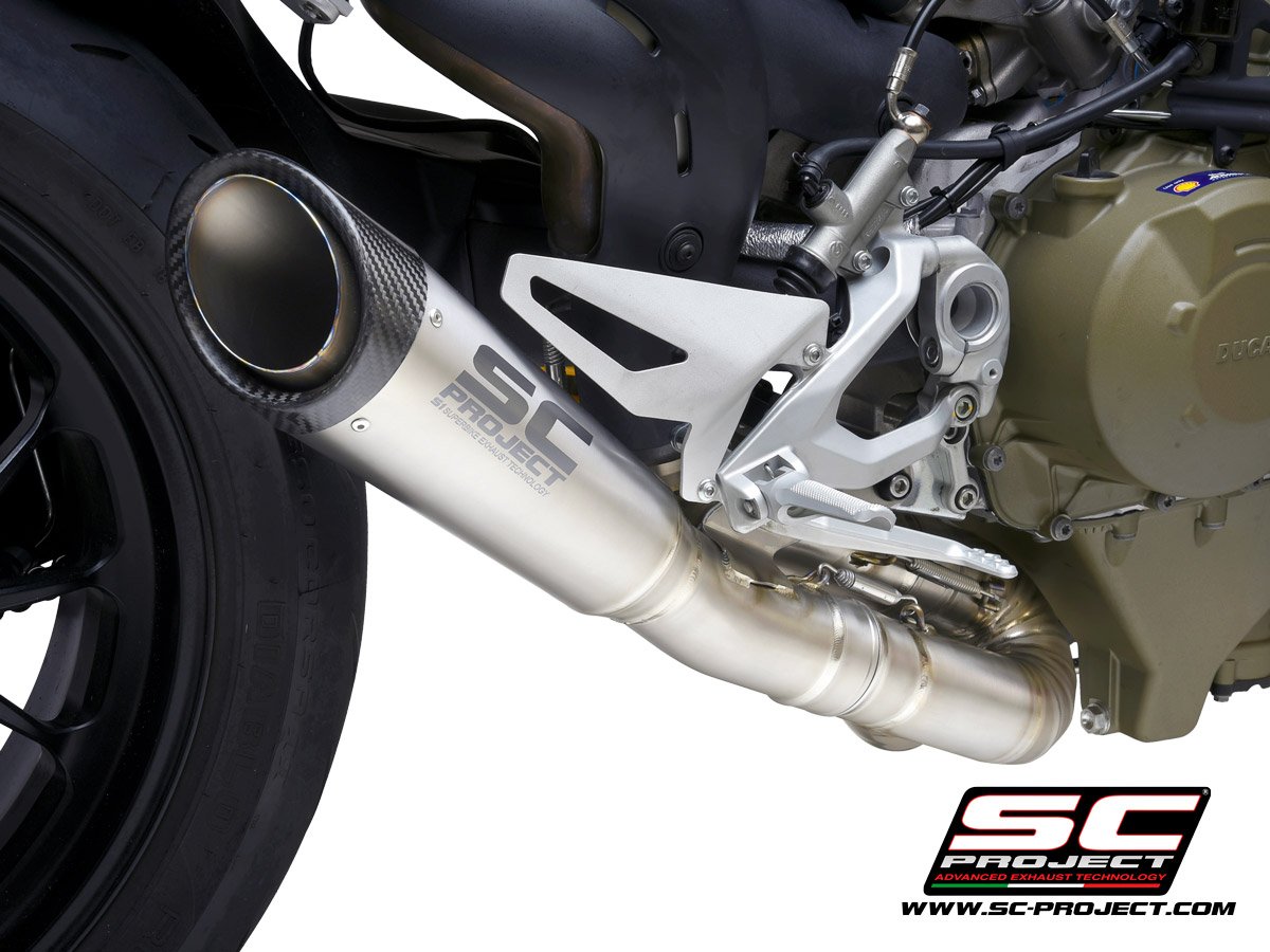 SC Project S1 Exhaust Titanium for Ducati Streetfighter V4 (2020) , with Carbon fiber end cap and de-cat link