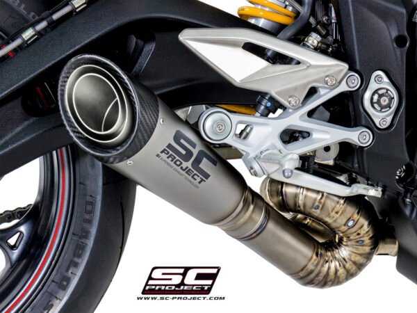 SC Project Performance Exhaust for Triumph Street Triple 765 (2017-2019) S1 Muffler, Titanium, with s-shaped connection with welded sector curves