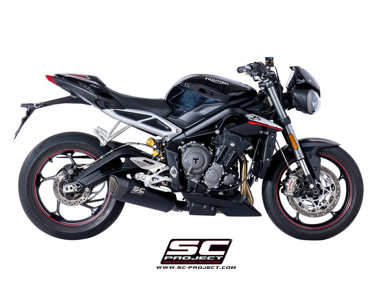 SC Project Performance Exhaust for Triumph Street Triple 765 (2017-2019) SC1-R Muffler, Titanium, matt black painted, with Carbon fiber end cap - Image 2