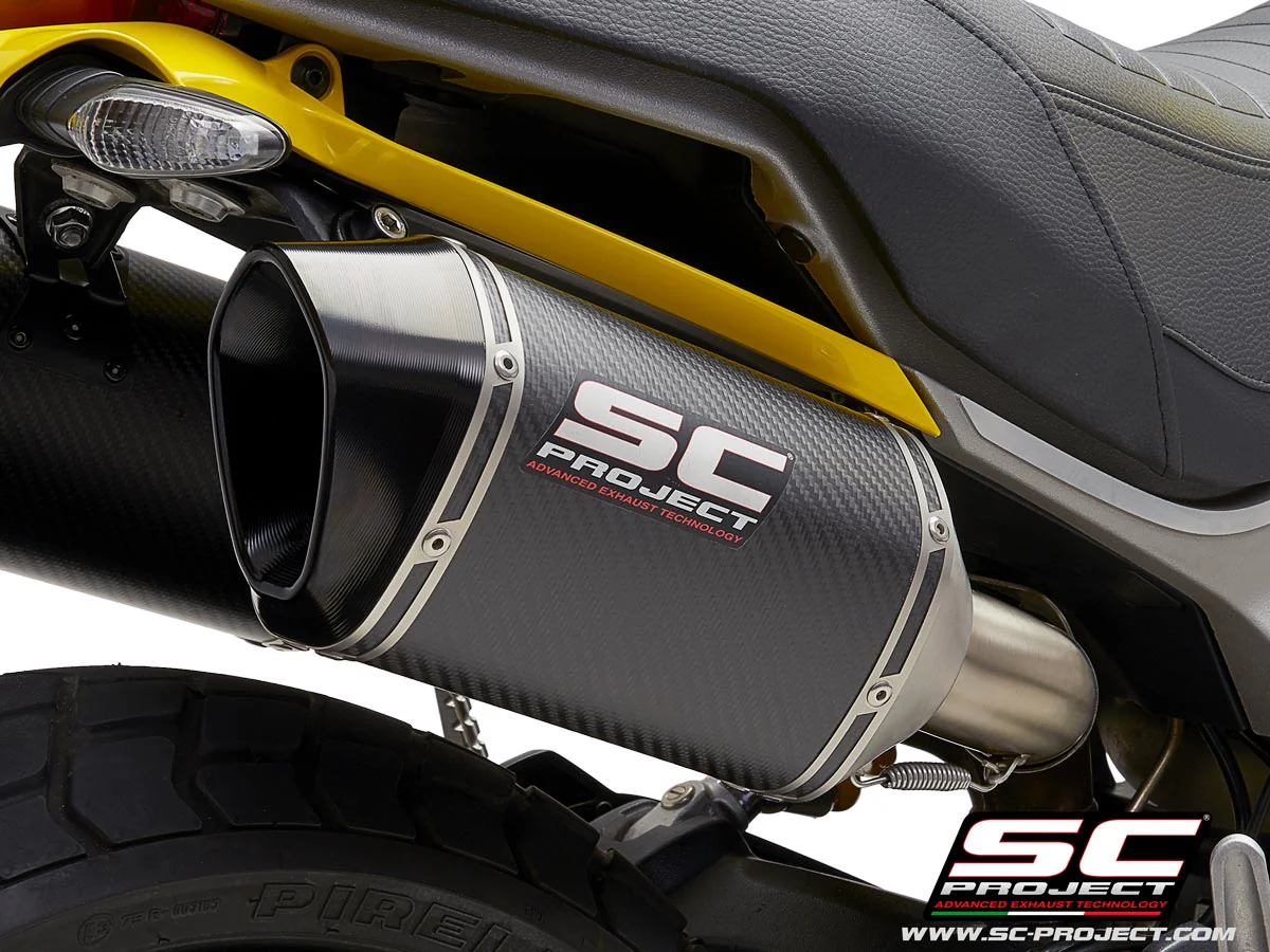 SC Project Performance Exhaust for Ducati Scrambler 1100 (2018-2019) Pair of MTR Mufflers, Carbon fiber, with machined from solid CNC end cap